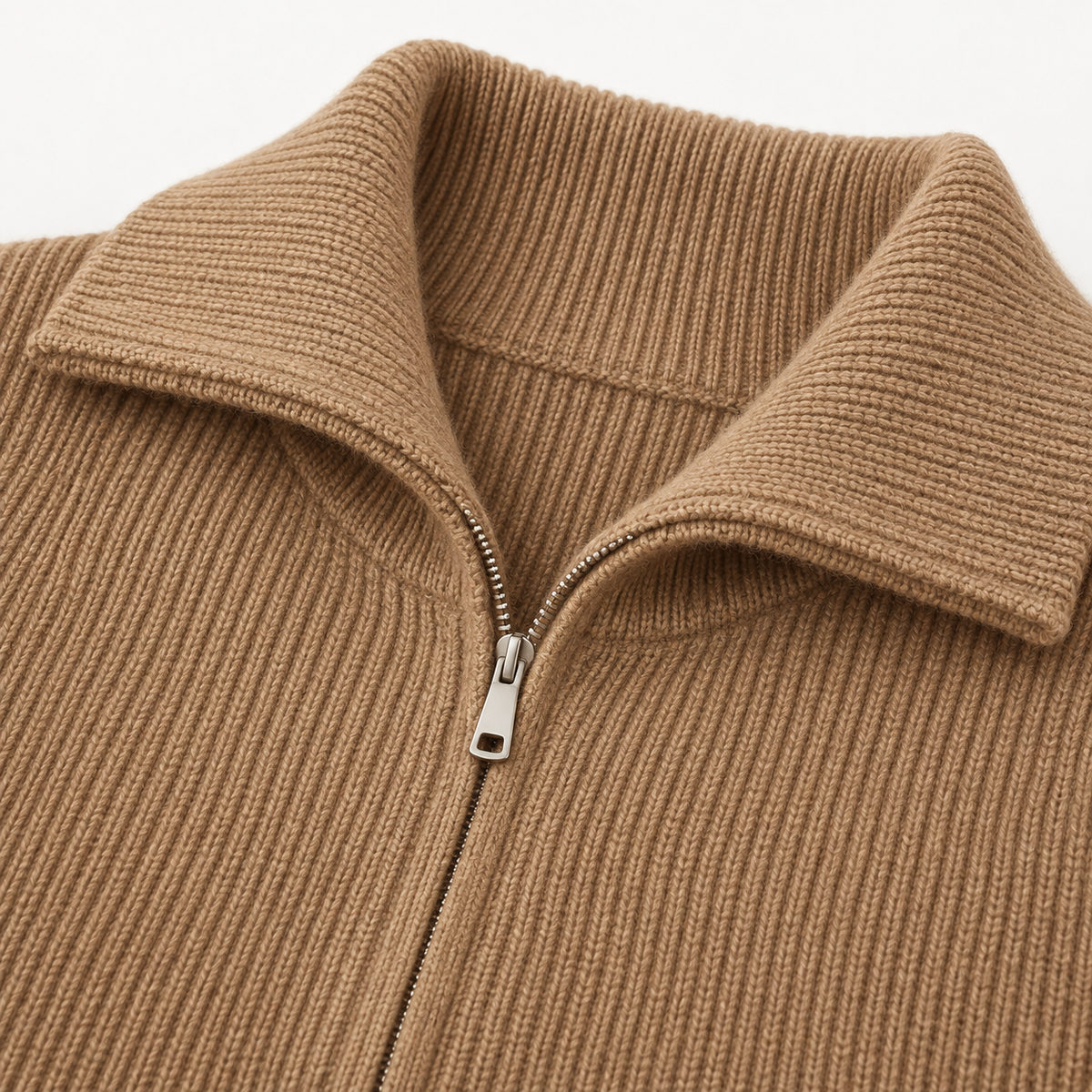 Niamh Striped Zip Cardigan – Khakis 02 – studio close-up