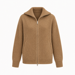 Niamh Striped Zip Cardigan – Khakis 02 – studio front