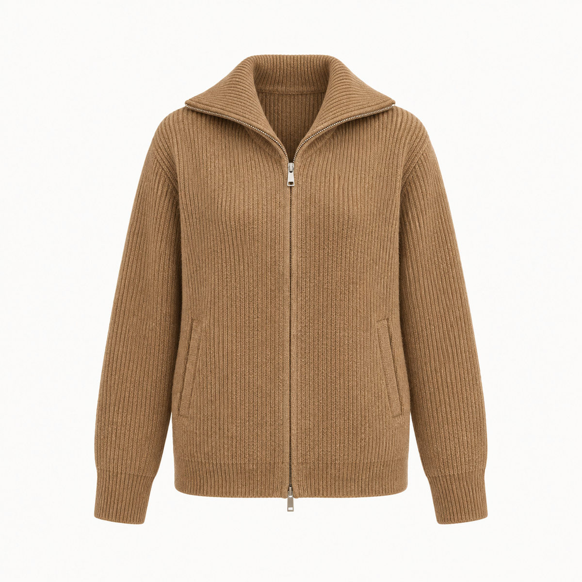 Niamh Striped Zip Cardigan – Khakis 02 – studio front