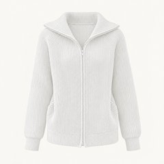 Niamh Striped Zip Cardigan – White – studio front