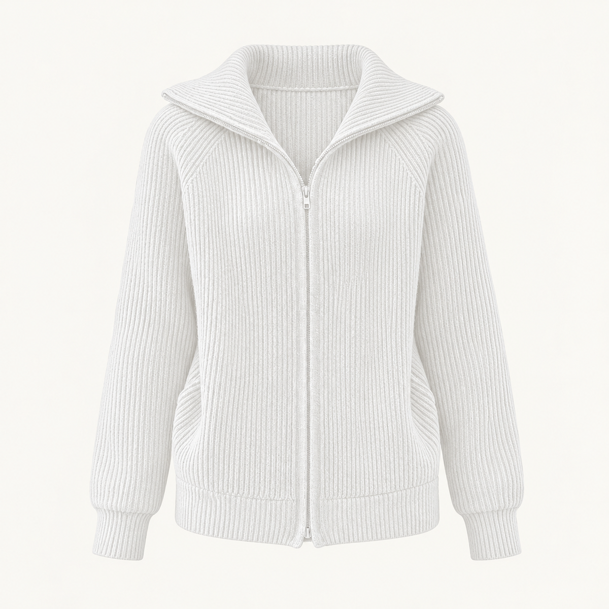 Niamh Striped Zip Cardigan – White – studio front