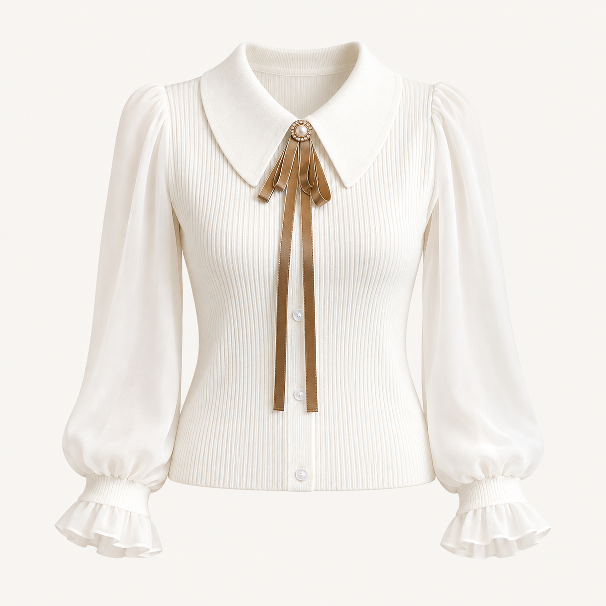 Nora Balloon-Sleeve Knit Jumper – White – studio front