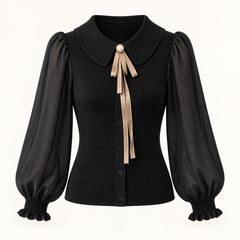 Nora Balloon-Sleeve Knit Jumper – Black – studio front