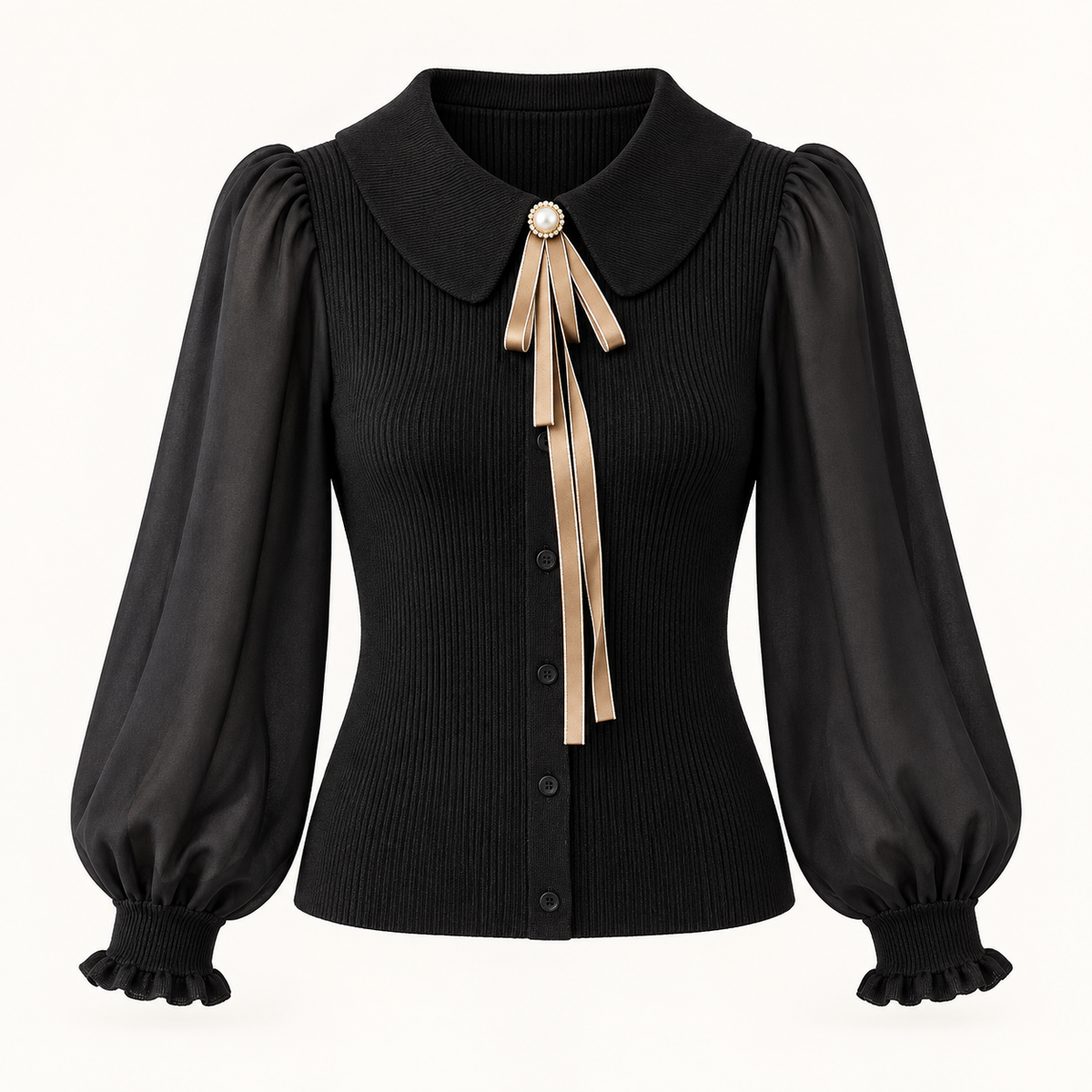 Nora Balloon-Sleeve Knit Jumper – Black – studio front
