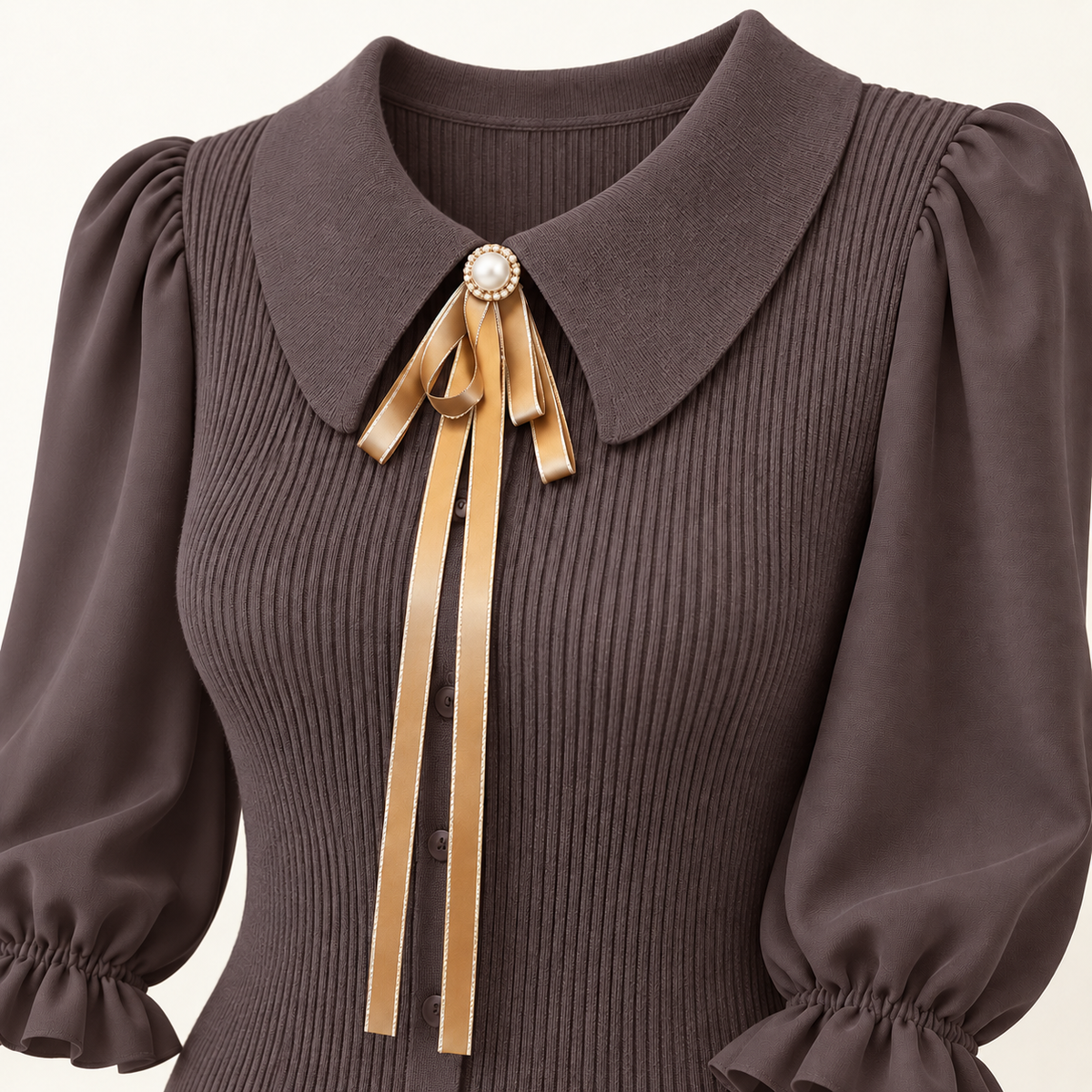 Nora Balloon-Sleeve Knit Jumper – Brown – studio close-up