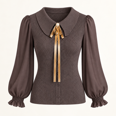 Nora Balloon-Sleeve Knit Jumper – Brown – studio front