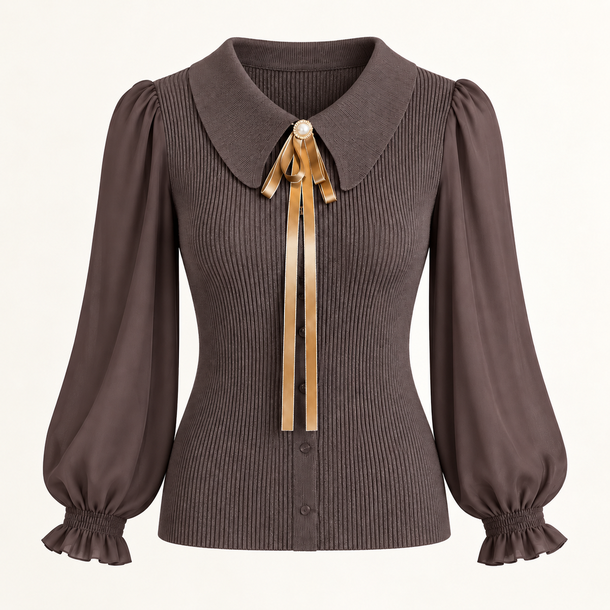Nora Balloon-Sleeve Knit Jumper – Brown – studio front
