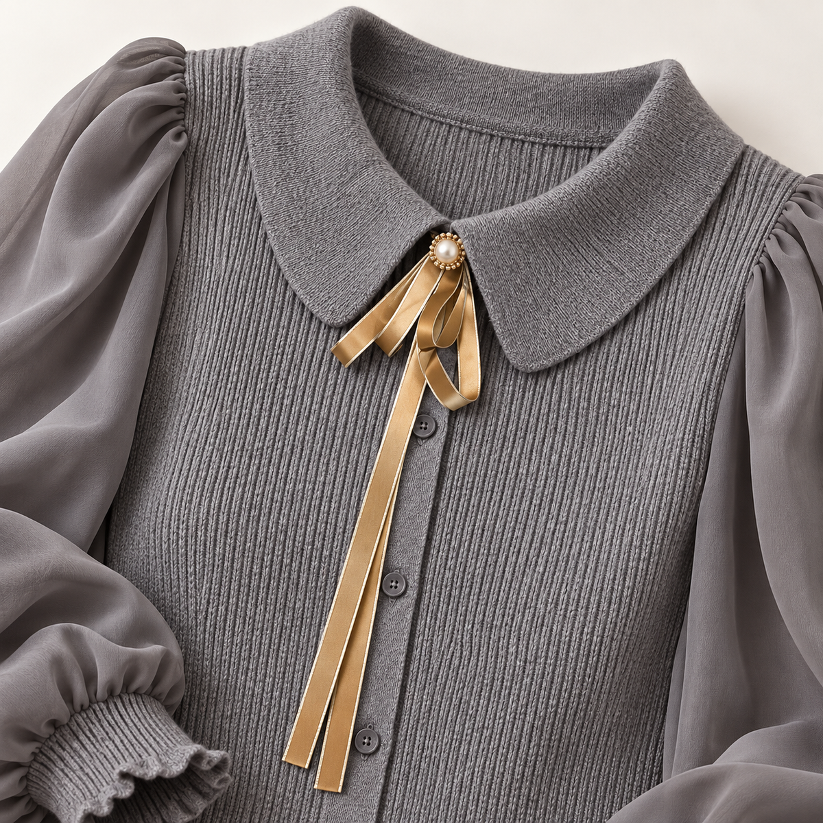 Nora Balloon-Sleeve Knit Jumper – Gray – studio close-up