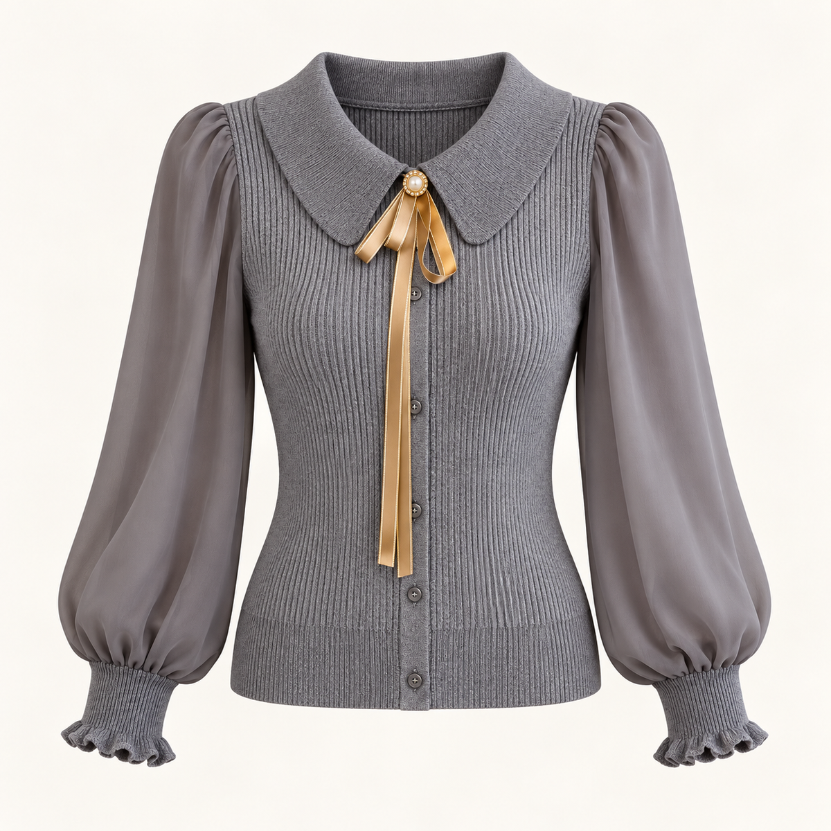 Nora Balloon-Sleeve Knit Jumper – Gray – studio front