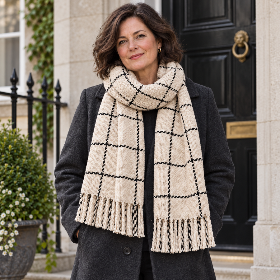 Ailbhe Checked Winter Scarf on a mature model in an Irish editorial setting