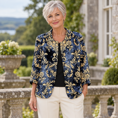 Louise Ornate Print Jacket worn by a mature model in an Irish editorial setting