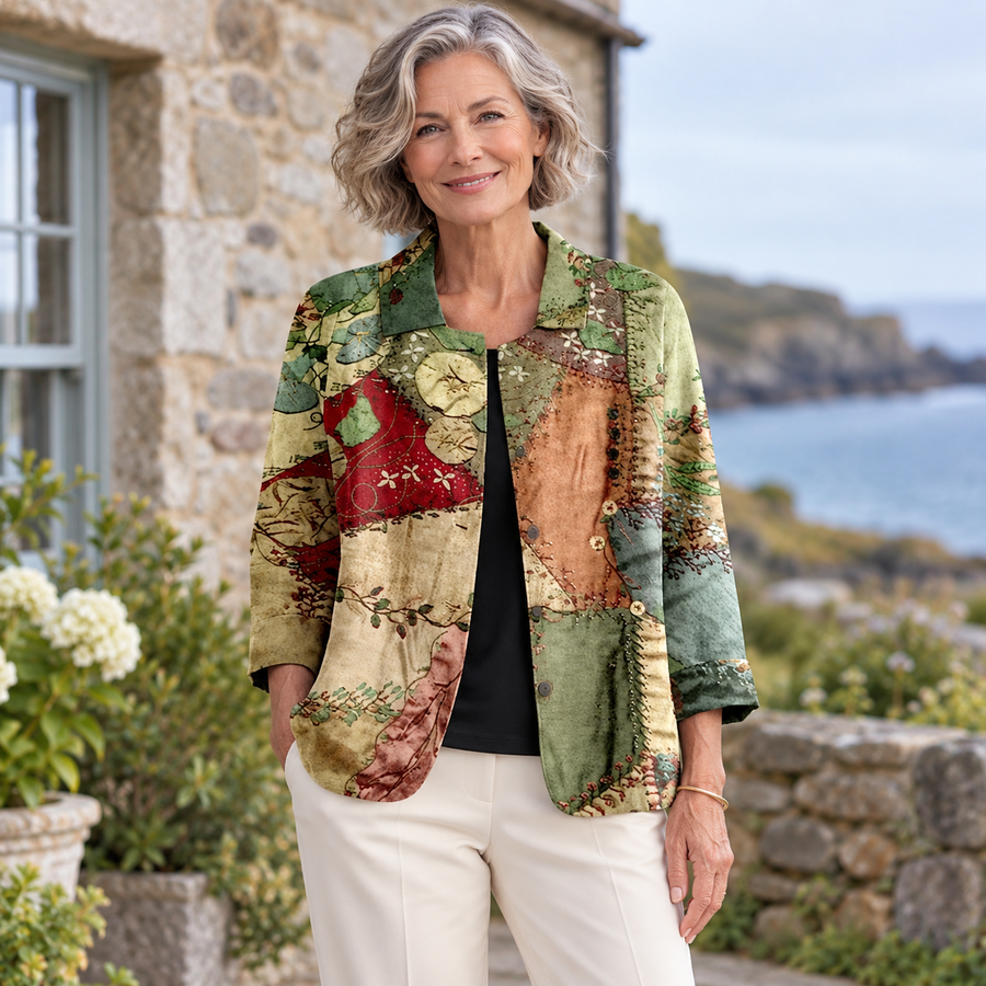 Audrey Patchwork Print Jacket worn by a mature model in an Irish editorial setting