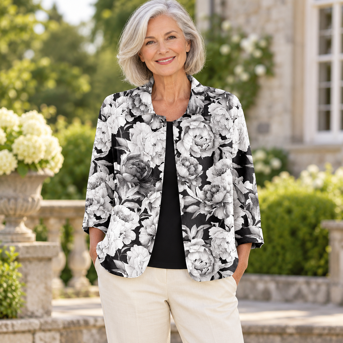 Rosemary Blossom Open Jacket worn by a mature model in an Irish editorial setting