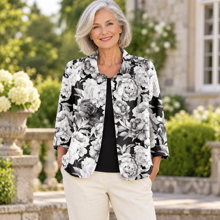 Rosemary Blossom Open Jacket worn by a mature model in an Irish editorial setting