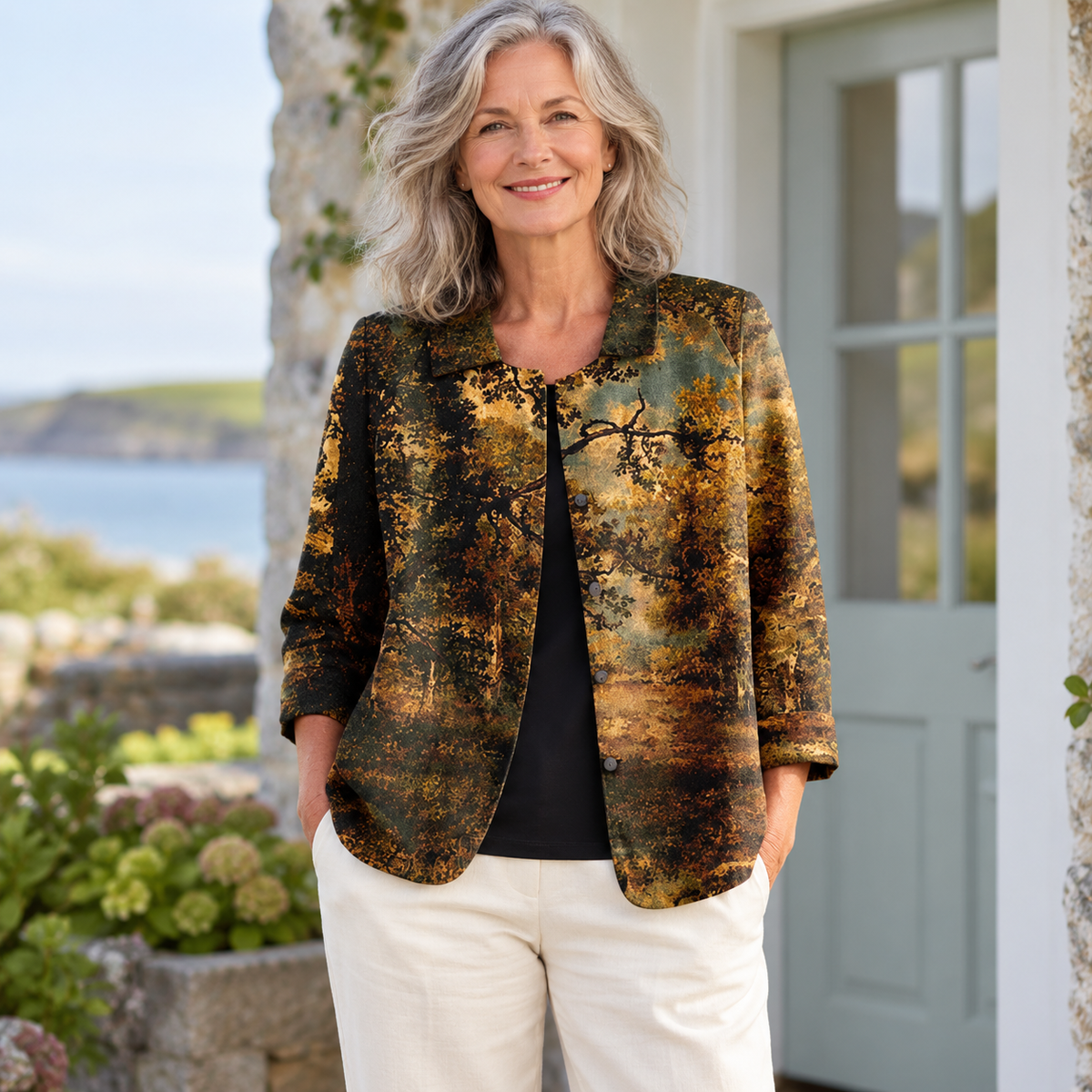 Sylvia Scenic Print Jacket worn by a mature model in an Irish editorial setting