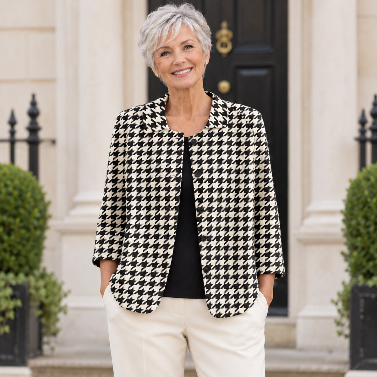 Vera Houndstooth Open Jacket worn by a mature model in an Irish editorial setting