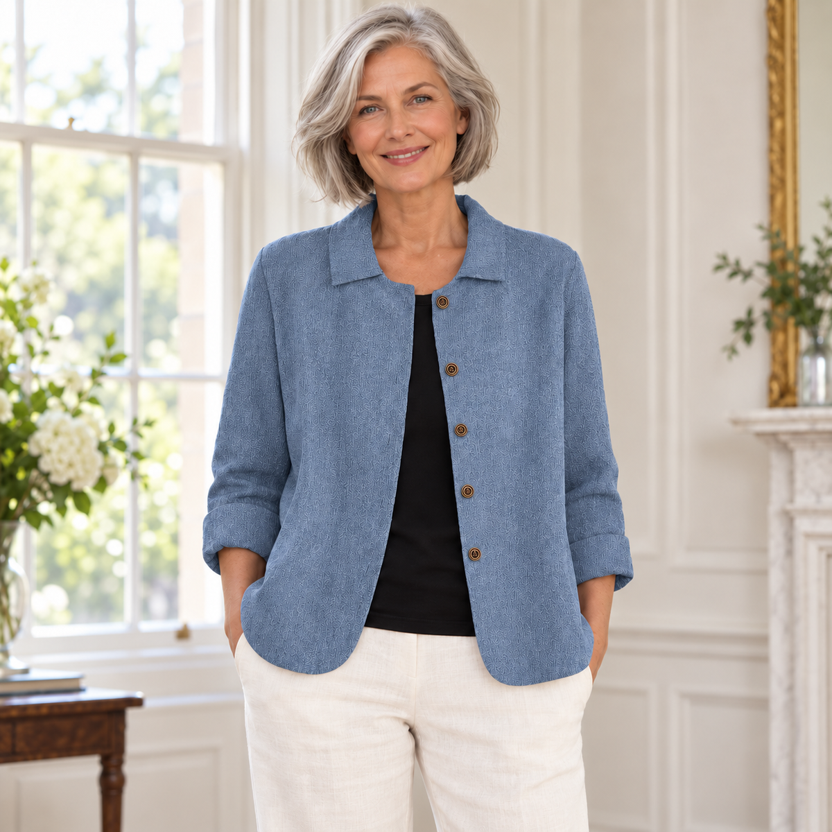 Geraldine Relaxed Jacket worn by a mature model in an Irish editorial setting