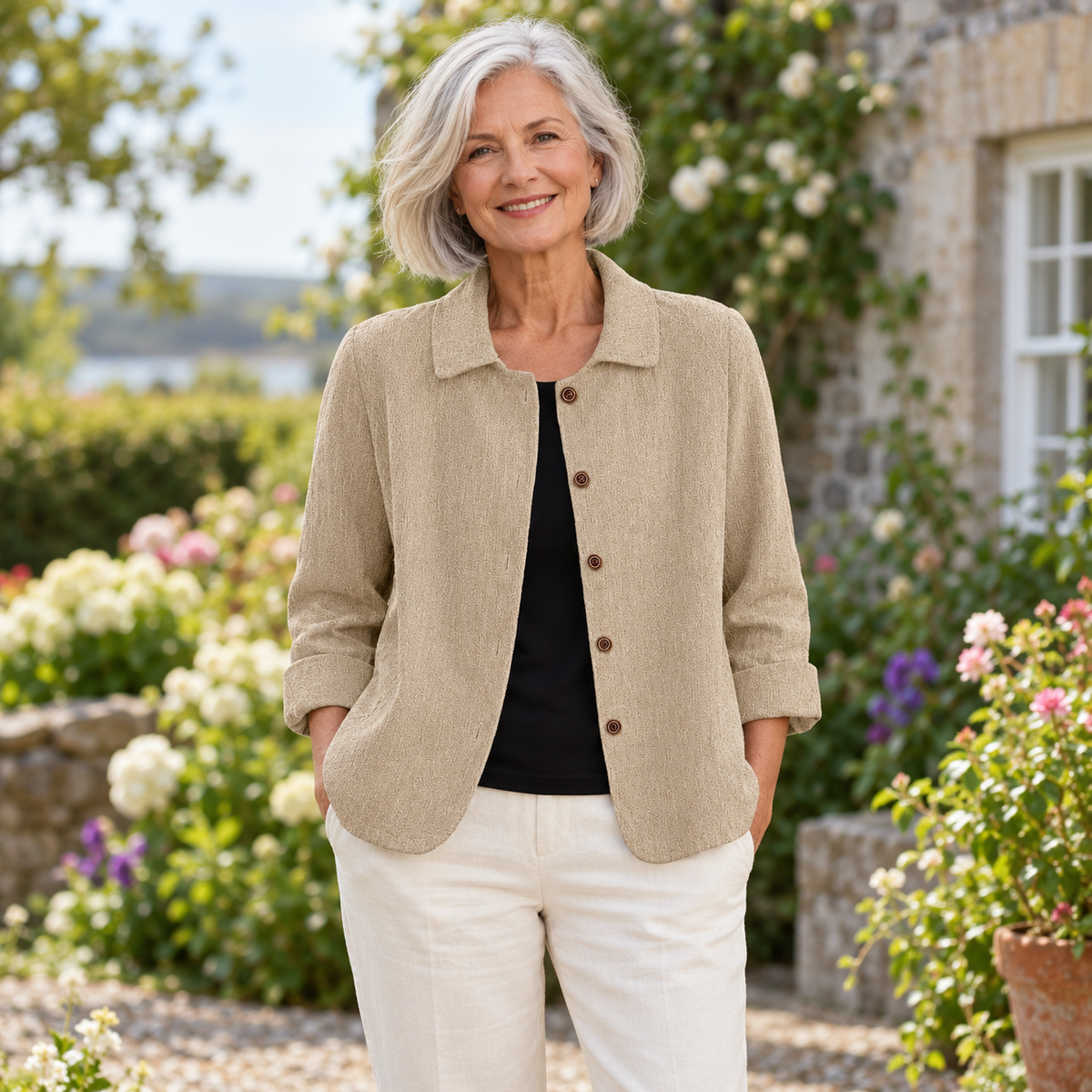 Patricia Relaxed Button Jacket worn by a mature model in an Irish editorial setting