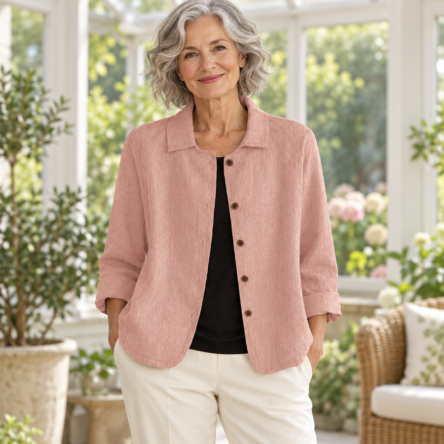 Joan Relaxed Shirt Jacket worn by a mature model in an Irish editorial setting