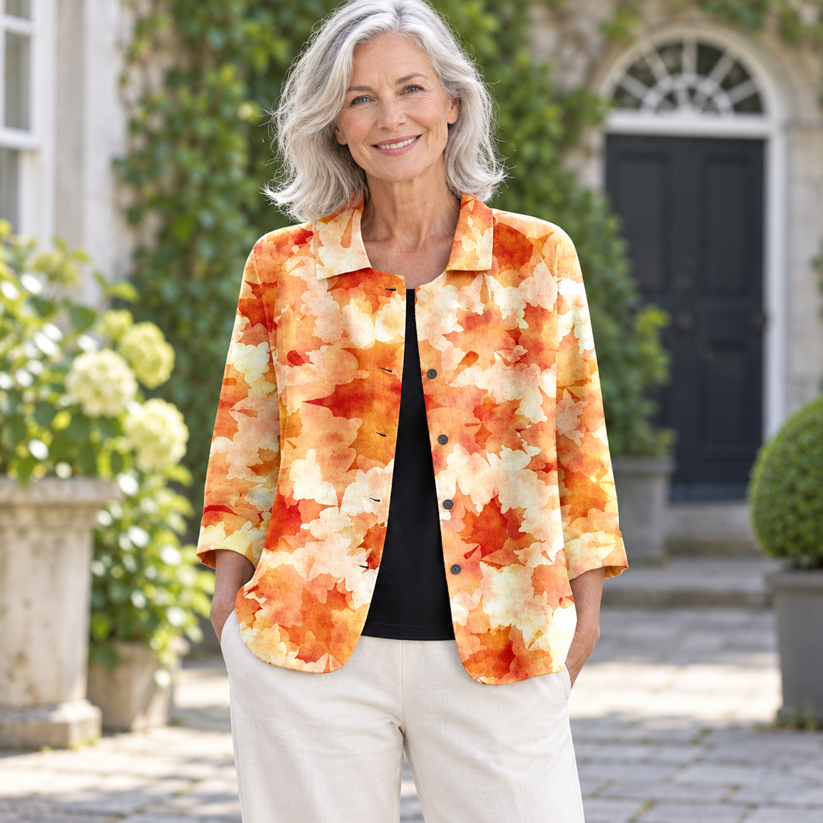 Flora Blossom Print Jacket worn by a mature model in an Irish editorial setting