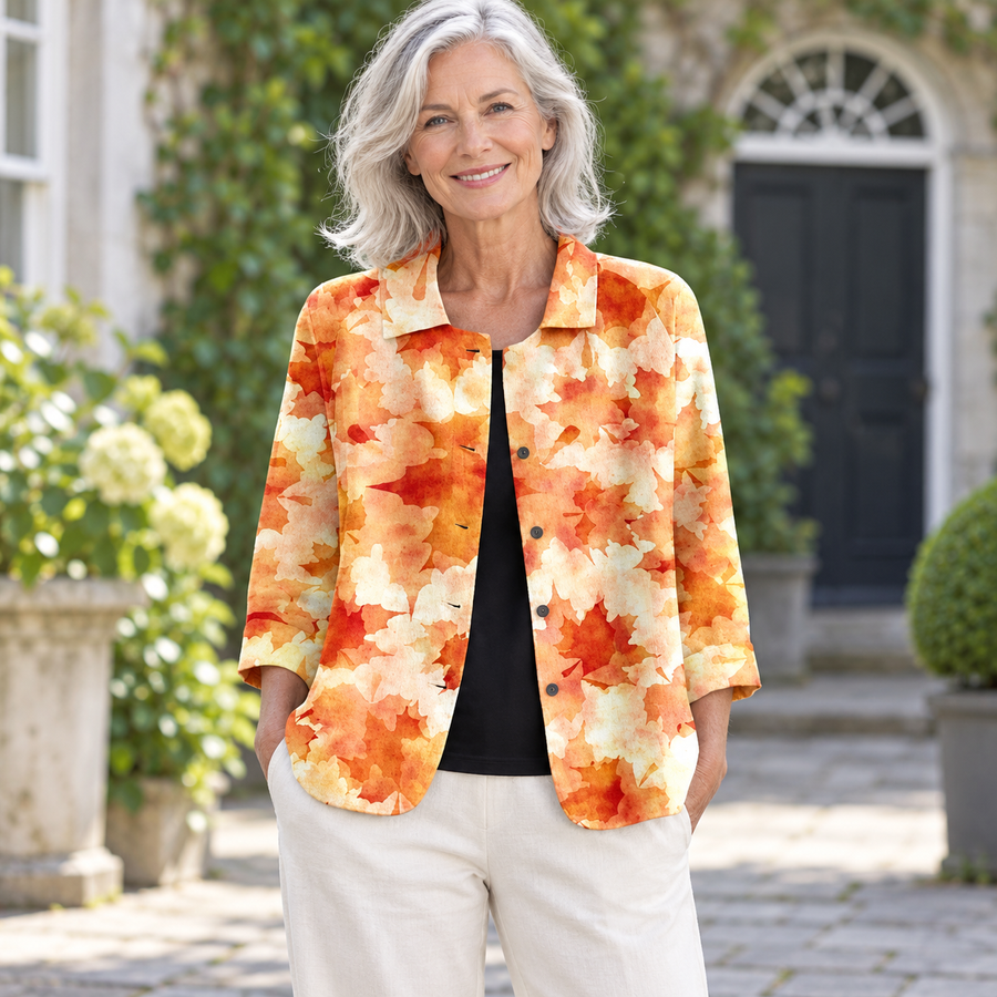 Flora Blossom Print Jacket worn by a mature model in an Irish editorial setting