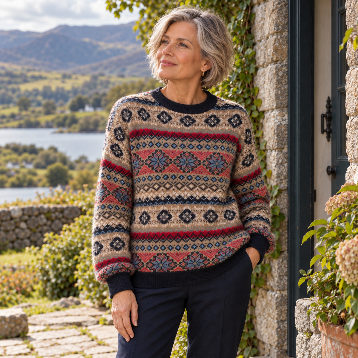 Siobhán Jacquard Knit Jumper on a mature model in an Irish editorial setting
