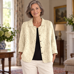 Rosaleen Textured Button Jacket worn by a mature model in an Irish editorial setting