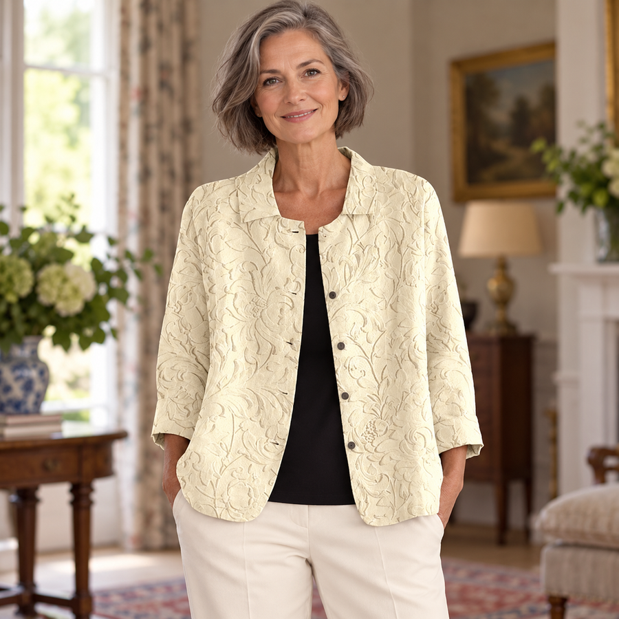 Rosaleen Textured Button Jacket worn by a mature model in an Irish editorial setting
