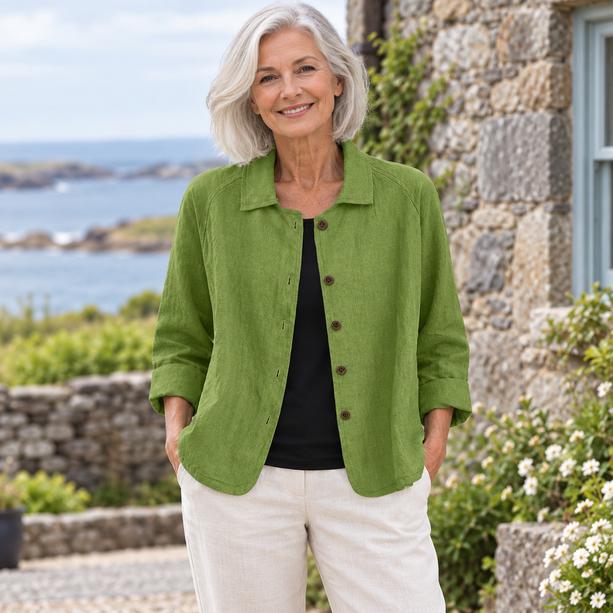 Marian Relaxed Collared Shirt worn by a mature model in an Irish editorial setting