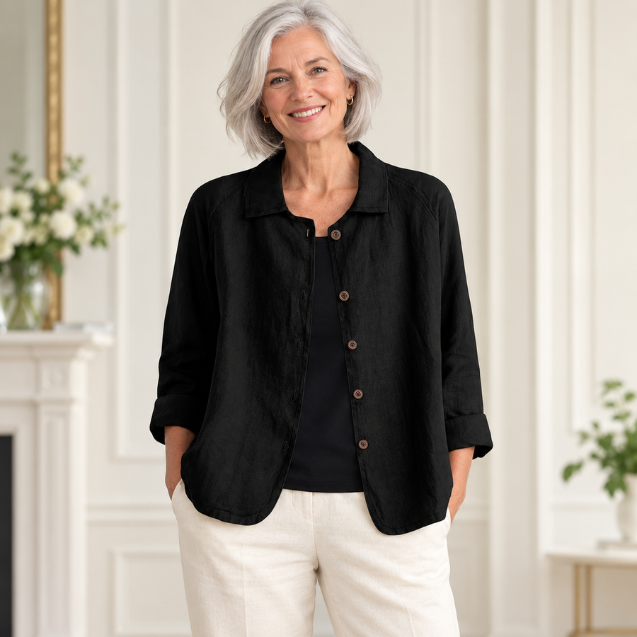Maribel Relaxed Button Blouse worn by a mature model in an Irish editorial setting