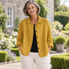 Bridget Button-Front Overshirt worn by a mature model in an Irish editorial setting