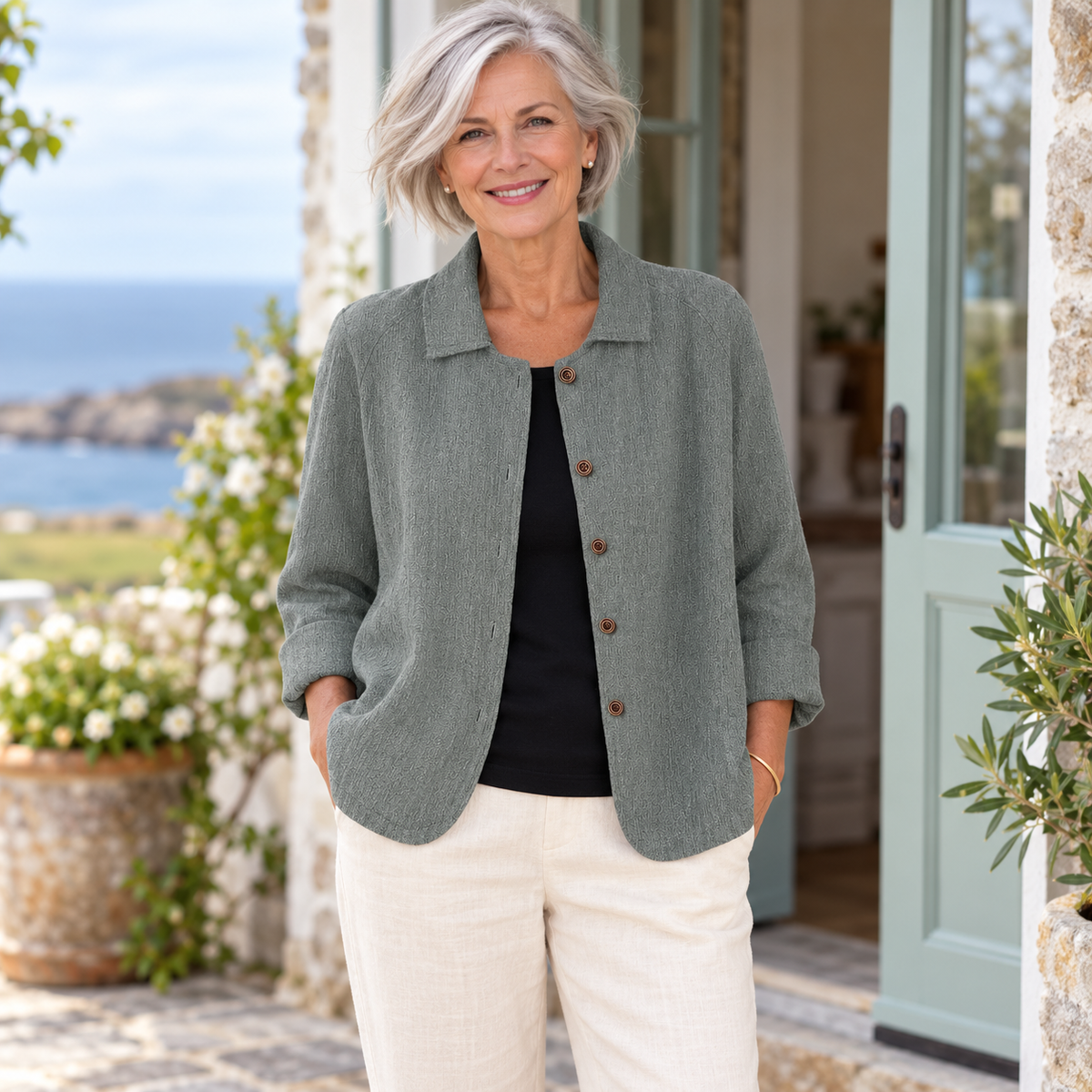 Celia Relaxed Collared Jacket worn by a mature model in an Irish editorial setting