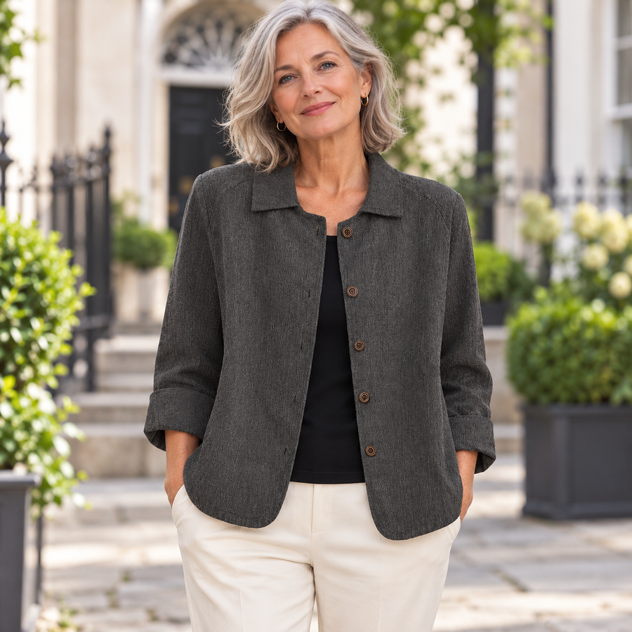 Irene Relaxed Overshirt worn by a mature model in an Irish editorial setting