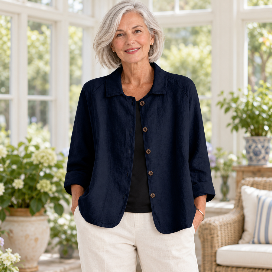 Ruth Relaxed Button Shirt worn by a mature model in an Irish editorial setting