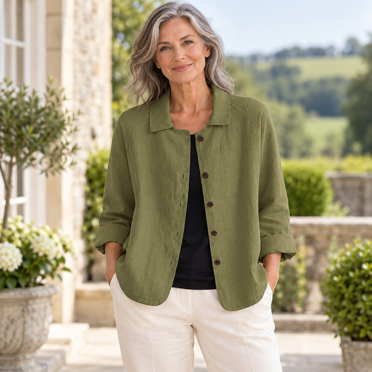 Mona Relaxed Button Overshirt worn by a mature model in an Irish editorial setting