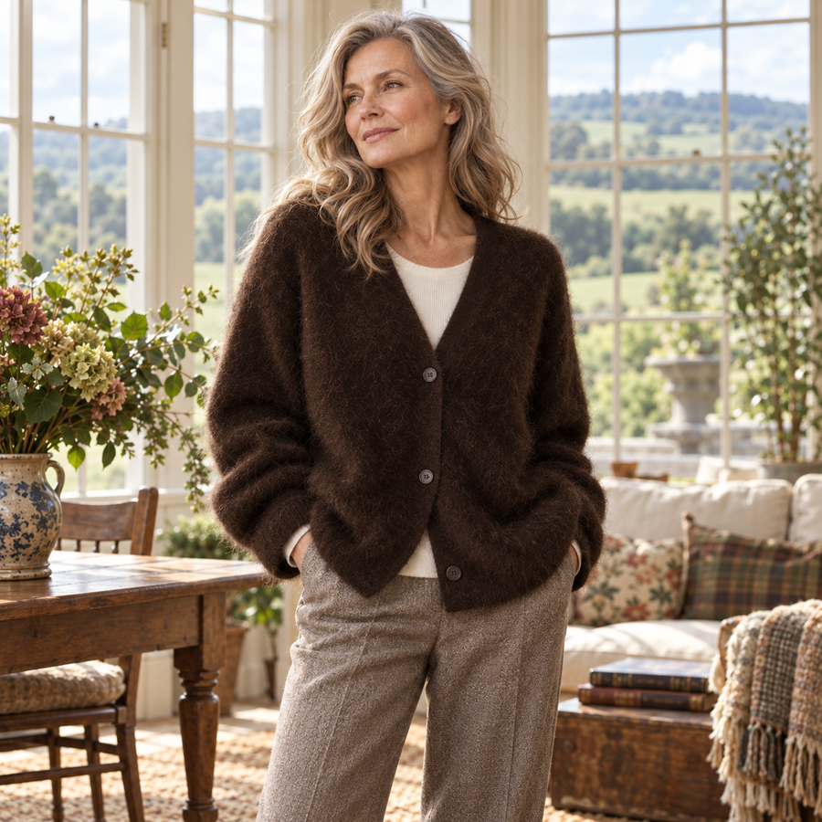 Sorcha Brushed V-Neck Cardigan on a mature model in an Irish editorial setting