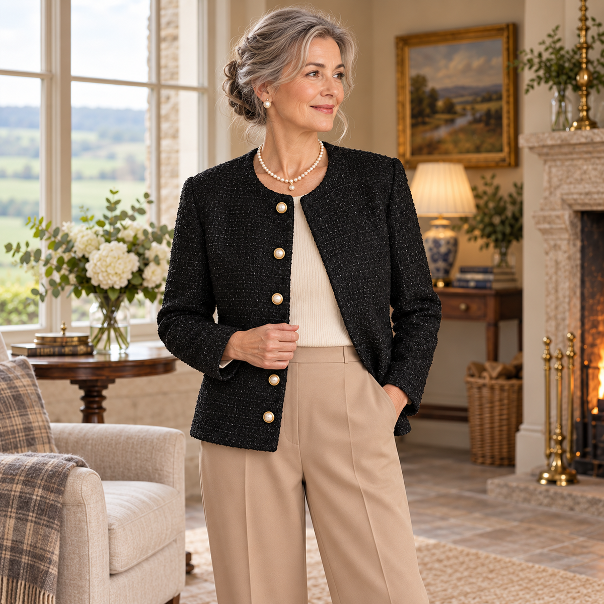 Niamh Textured Button Jacket on a mature model in an Irish editorial setting