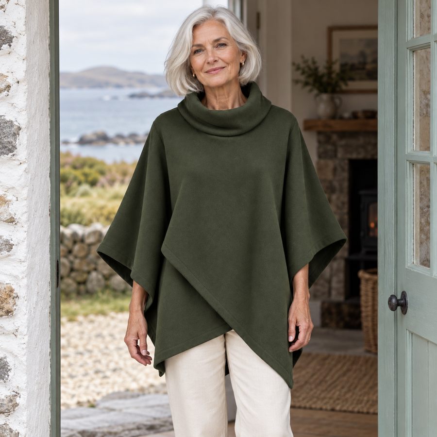 Maeve Cowl Neck Poncho on a mature model in an Irish editorial setting
