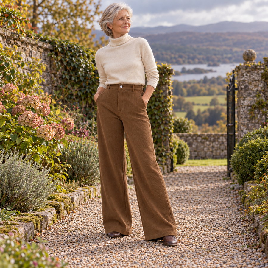 Clodagh Corduroy Trousers on a mature model in an Irish editorial setting