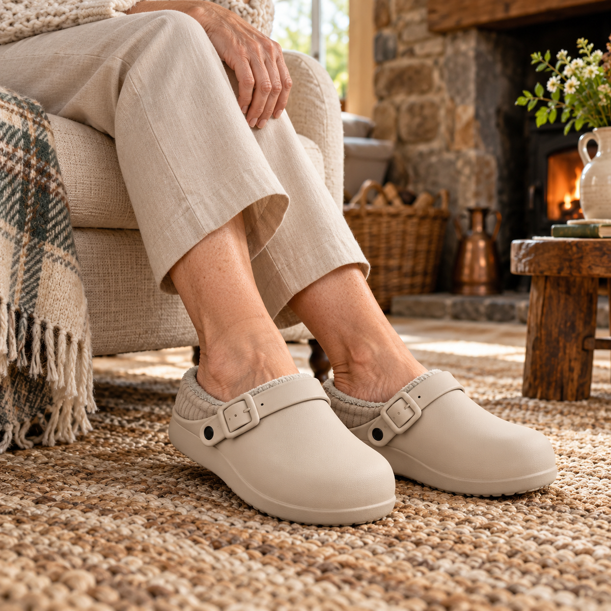 Caitríona Cosy House Slippers on a mature model in an Irish editorial setting