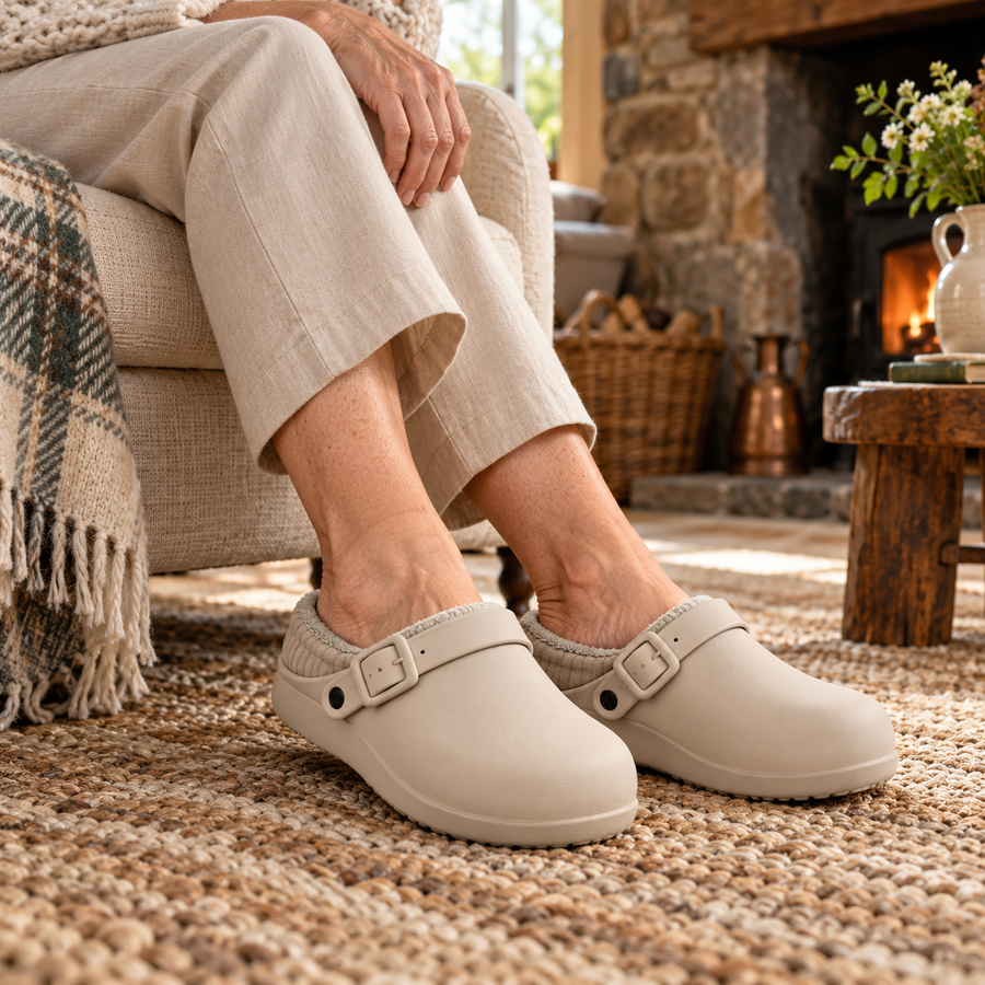 Caitríona Cosy House Slippers on a mature model in an Irish editorial setting