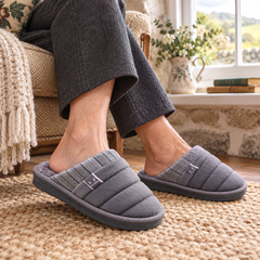 Bróna Quilted House Slippers on a mature model in an Irish editorial setting