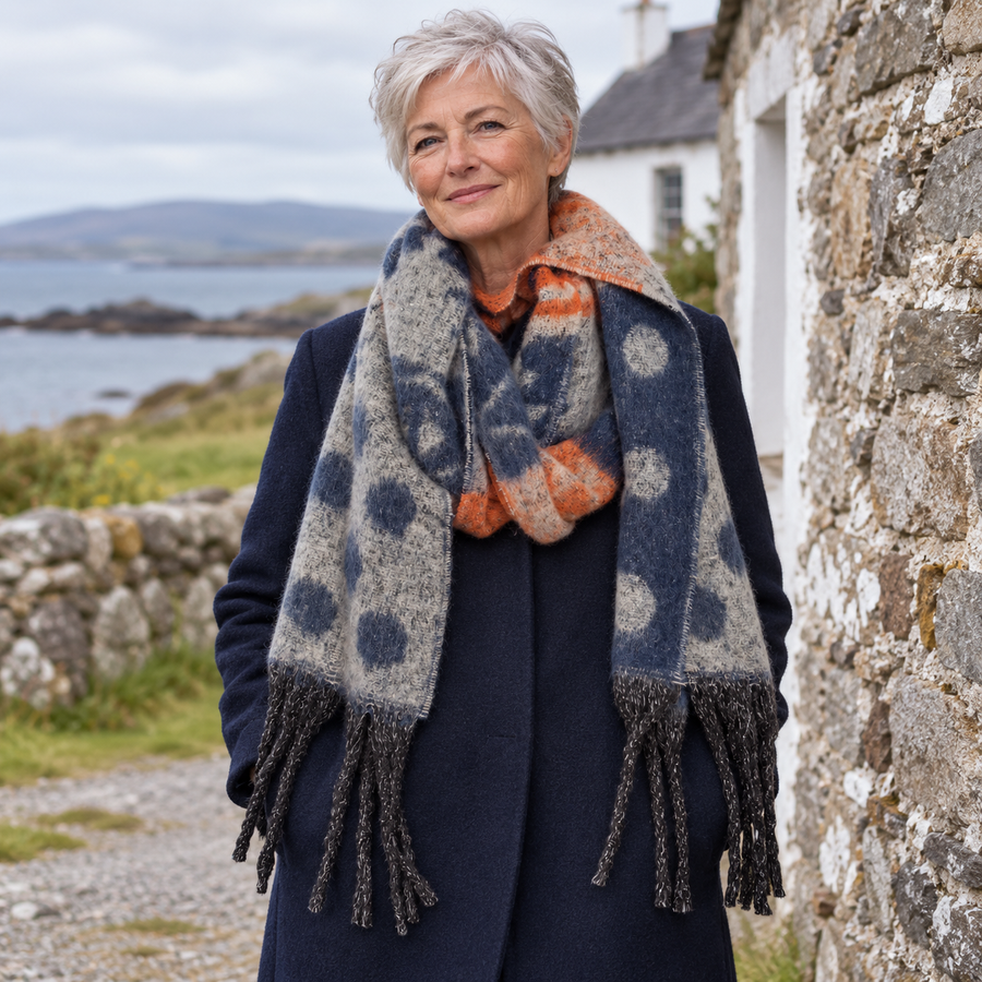 Úna Jacquard Dot Scarf on a mature model in an Irish editorial setting