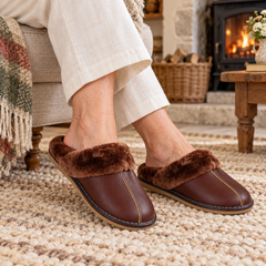 Bláthnaid Winter House Slippers on a mature model in an Irish editorial setting