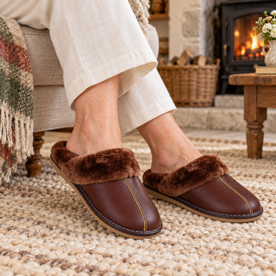 Bláthnaid Winter House Slippers on a mature model in an Irish editorial setting