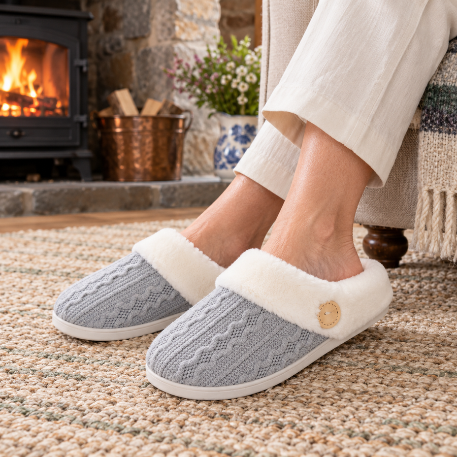 Fidelma Wool House Slippers on a mature model in an Irish editorial setting