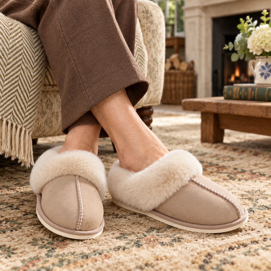 Éabha Suede House Slippers on a mature model in an Irish editorial setting