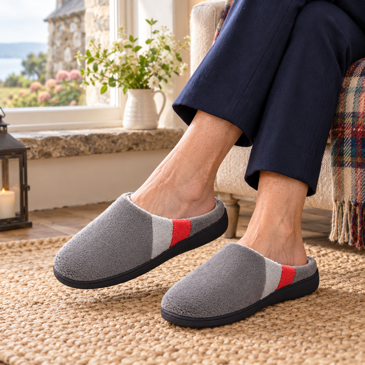 Keelin Coral Fleece Slippers on a mature model in an Irish editorial setting