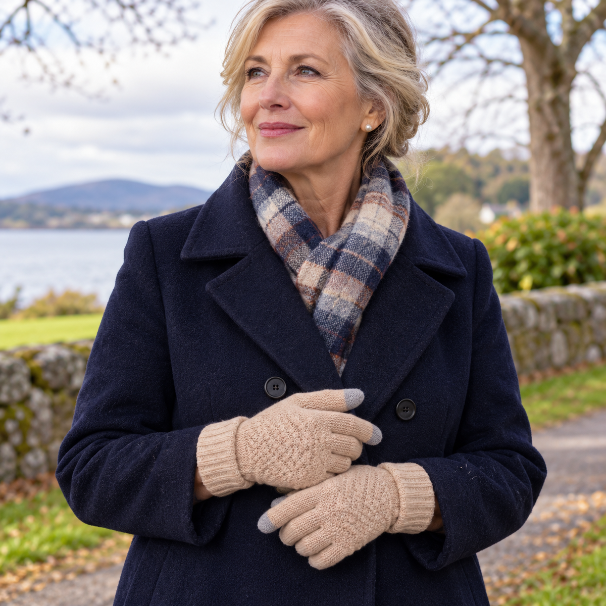 Doireann Touchscreen Knit Gloves on a mature model in an Irish editorial setting