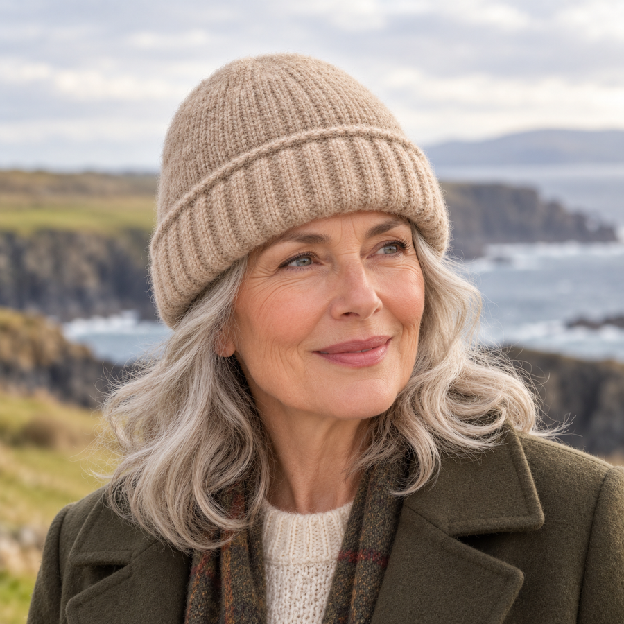 Áine Classic Knit Beanie on a mature model in an Irish editorial setting
